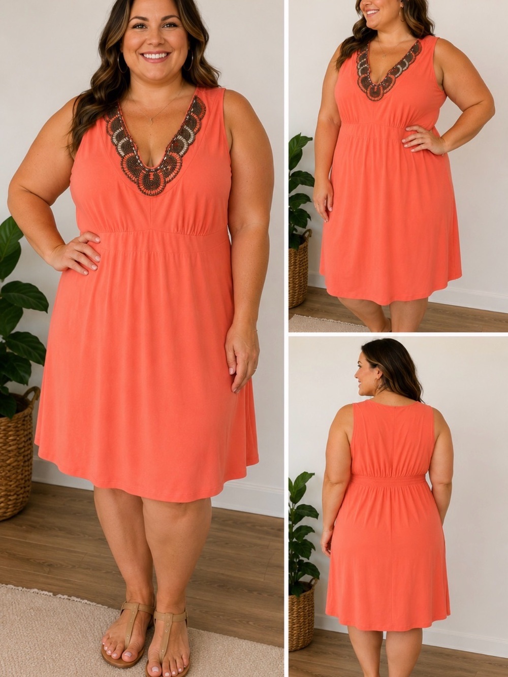 NY Collection Coral Dress with Beaded Embellishment